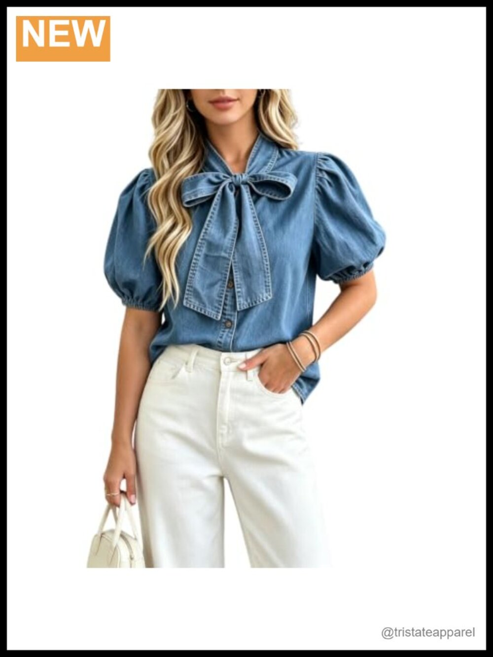 Bow Tie Neck Denim Shirt Puff Short Sleeve Button Down Casual Blouse